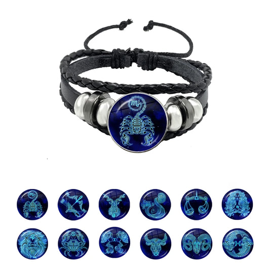 12-Sternbild-Sternzeichen-Knopfarmband, mehrschichtiges geflochtenes Lederarmband, Armreif für Geburtstagsfeier, Schmuck, Geschenk