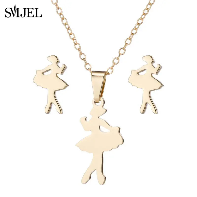 Tanzen Ballett Frauen Mädchen Ohrring Mode Ballerina Halsketten Gold Farbe Edelstahl Schmuck Set Zubehör Club Sport Geschenk