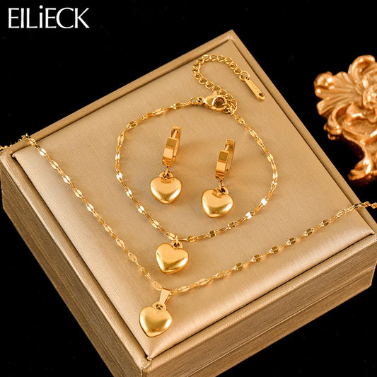 EILIECK 316L Edelstahl Herz Liebe Halskette Armbänder Ohrringe Set Für Frauen Neue Trendy 18K Gold Überzogene Wasserdichte Schmuck
