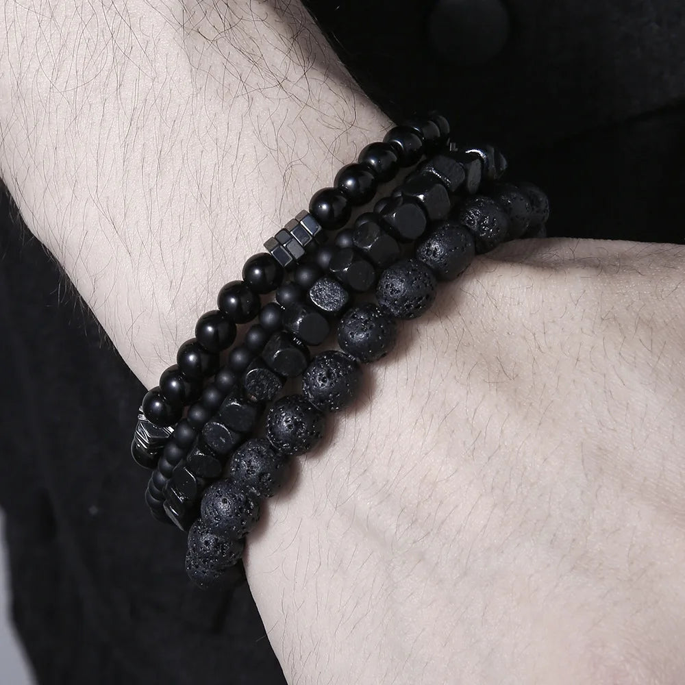 4pc Vulkan Stein schwarz Gallenstein Perlen Armbänder für Männer trend ige Mode Lava Holz Perlen Armband Set Kombination Hip Hop Geschenke
