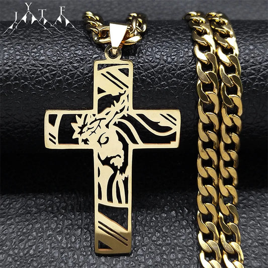 Hip Hop Punk Krone der Dornen Jesus Kreuz Halskette für Männer Edelstahl Vergoldet Kruzifix Anhänger Halsketten Schmuck N8052