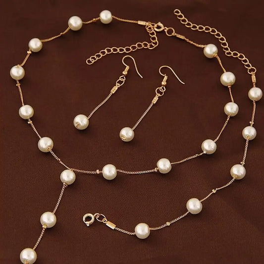 4 stücke Gold-farbe Halskette Ohrring Armband Set Damen Elegante Imitation-Perlen Sammlung Temperament Quaste Schmuck