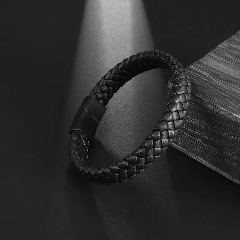 Klassisches einlagiges schwarzes handgewebtes Lederarmband mit Metall-Magnetverschluss, Herrenmode, Business-Schmuck, Geschenk