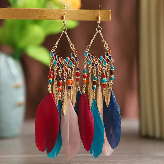 Bohemian Ethnische Feder Baumeln Ohrringe Für Frauen Trendy Lange Quaste Bunte Perlen Tropfen Ohrringe Mädchen Weibliche Boho Schmuck
