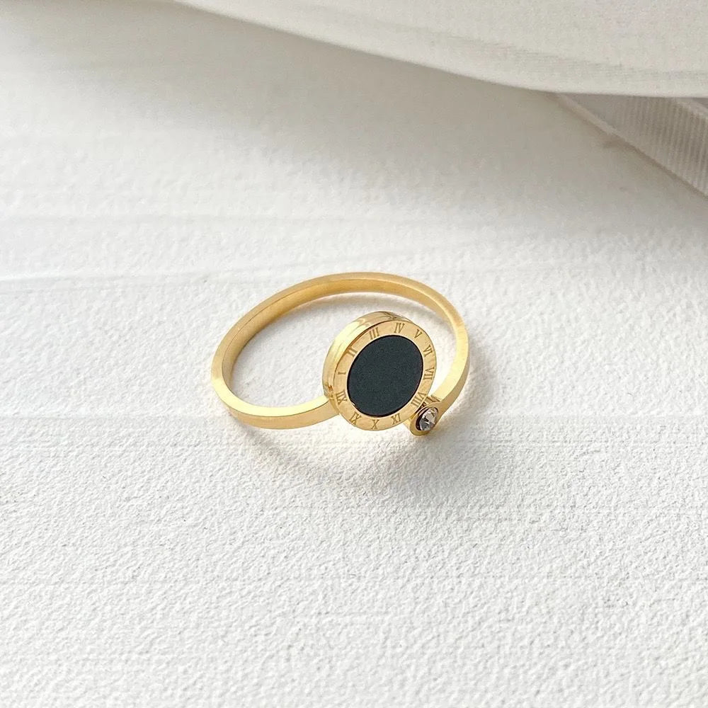 Vintage römische Ziffer Zirkon Schwanz Ring schwarz Muschel Edelstahl klassisches Design Ringe ästhetisch verstellbar Ring Schmuck Geschenk