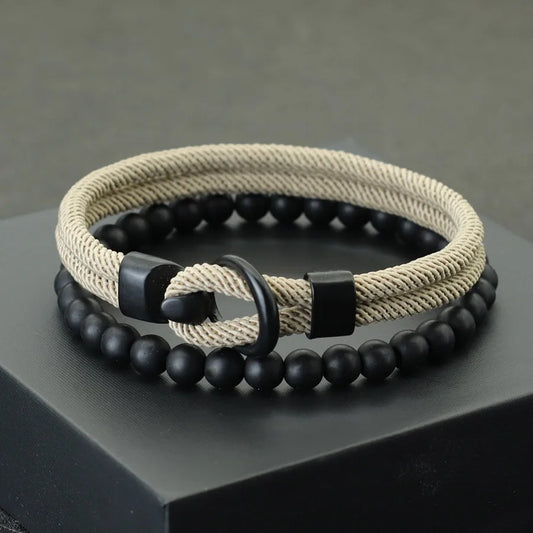 Noter Neue 2 Teile/satz Männer Armband Set Doppel Schicht Seil Nautischen Armband 6mm Schwarz Onyx Stein Armband Freizeit Zubehör pulseria