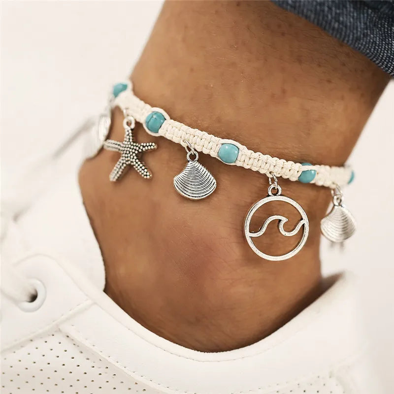 Modyle Vintage Silber Farbe Perlen Seestern Fußkettchen Für Frauen Handgemachte Perlen Knöchel Armband Sommer Strand Fuß Schmuck