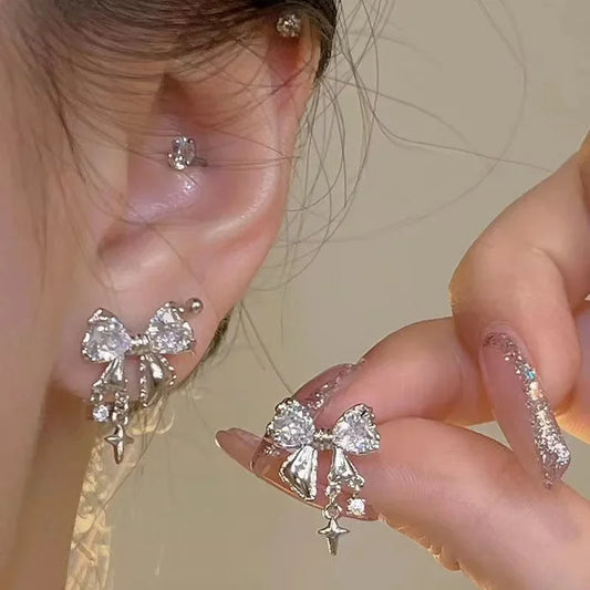 Koreanische Schleifen Ohrring mit weißem Zirkon Damenmode Niedliche rosa Kristall Ohrstecker Y2k Ohrring für Mädchen Party Schmuck Geschenke