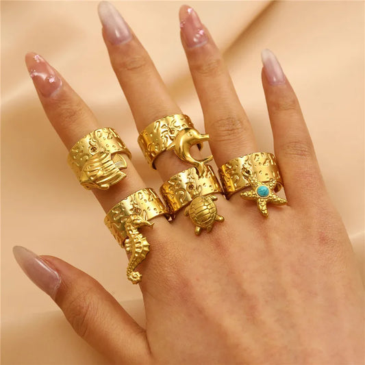 Mode Meer Tier Anhänger Ring für Frauen Runde Geometrische Joint Schmuck Mädchen Urlaub Edelstahl Charme Ringe Großhandel