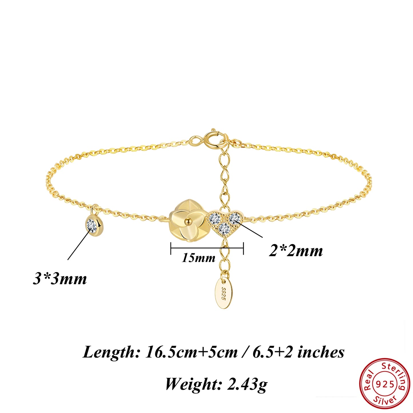 ORSA JEWELS Herz-Zirkonia-Kettenarmband aus 925er-Sterlingsilber, O-Kette, Blumendesign, Naturstil, trendige Damen-Accessoires APB09