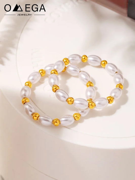 Imitation Perle Gemischte Edelstahl Perlen Ring Für Frauen 18k Gold Überzogene frauen Multi Größe Perlen Ringe Luxus frau Schmuck