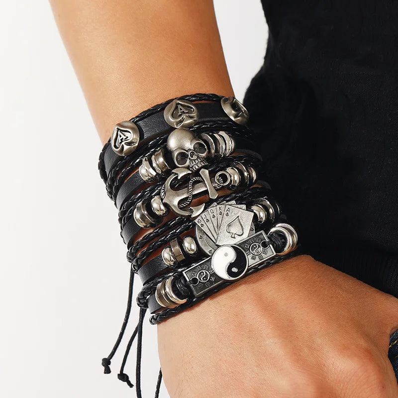 Mode Armband Viking Armband für Männer Hand Armbänder gewebt Schädel Hand Schmuck verstellbare Leder Set Viking Mann Armband