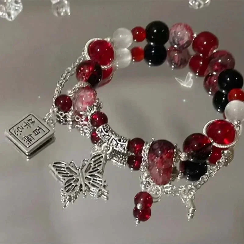 2024 neue Trendy Rote Perlen Kette Armband für Frauen Einfache Hohl Schmetterling Anhänger Armbänder Schmuck Geschenke Zubehör
