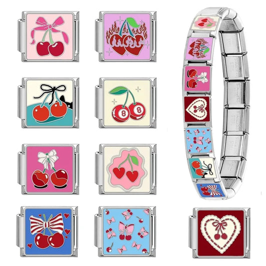 Niedliche Schleife, Knoten, Herz, Kirsche, süß, rosa, rot, italienische Charm-Verbindungen, passend für 9 mm Armbänder, Edelstahl, Damenschmuck, DIY-Herstellung von Geschenken