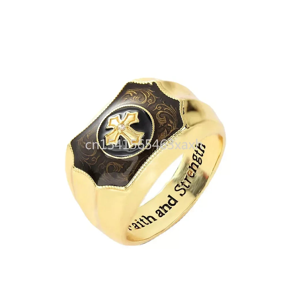 Kreativer goldfarbener künstlicher schwarzer Onyx Kreuz Glaube und Stärke Ring für Männer Party Charm Geschenk Großhandel