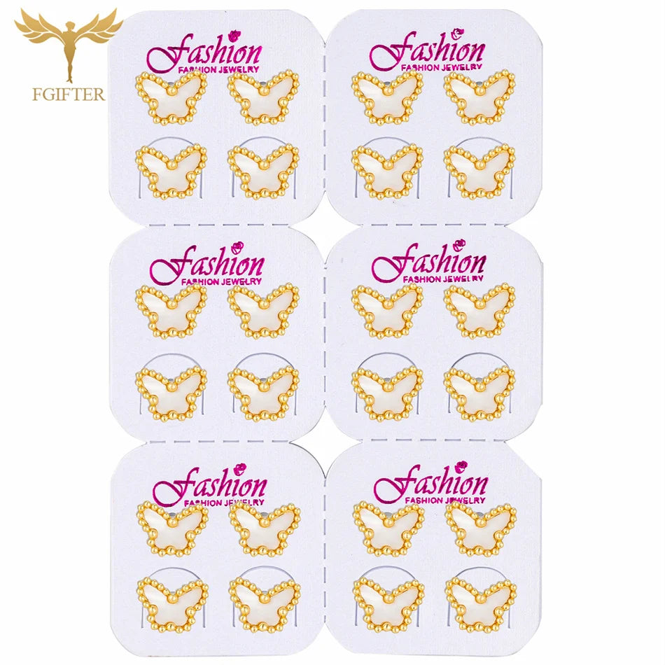12-Paar-Set weiße Schmetterlings-Ohrringe, goldener Edelstahl, Piercing-Schmuck, elegante Damen-Accessoires, kleine Ohrstecker, Geschenke