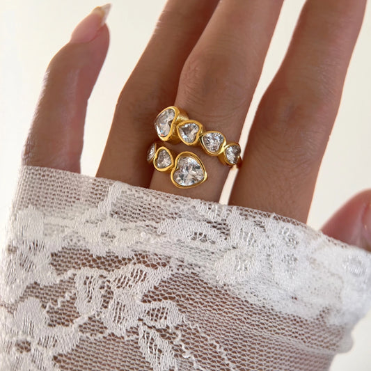 DASEIN 2025 Neue Liebesherz-Zirkon-Ringe, 18 Karat vergoldet, hypoallergen, Edelstahl, romantischer offener Ring für Damen, Hochzeitsschmuck