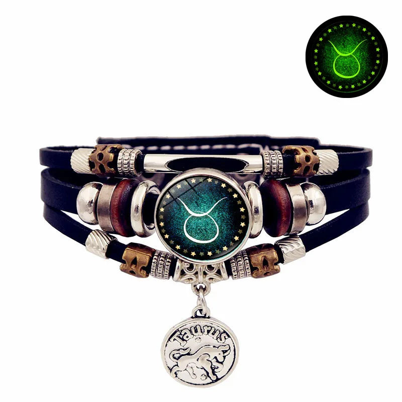 Sternenhimmel Sternzeichen Leuchtendes Lederarmband Mehrschichtiges Perlenleder Herren Schnappverschluss Damen Armband Freundschaftsarmbänder