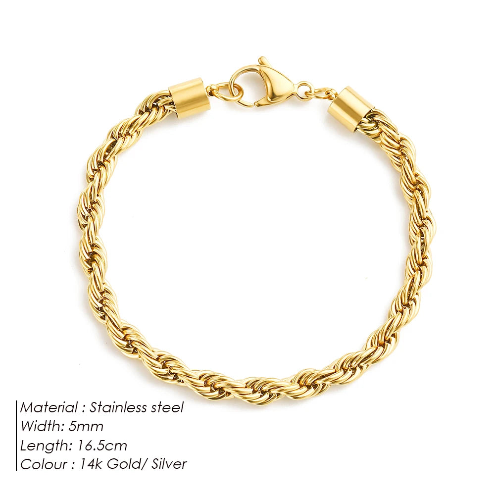 Emanco Edelstahl Twisted Rope Link Chain uneinstellbare Damen Hip Hop Punk 4mm Armbänder