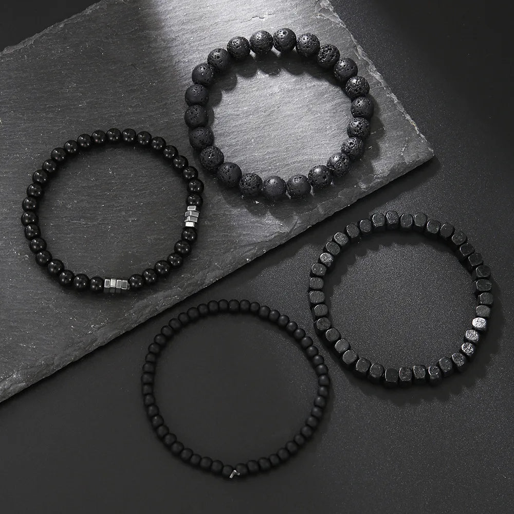 4pc Vulkan Stein schwarz Gallenstein Perlen Armbänder für Männer trend ige Mode Lava Holz Perlen Armband Set Kombination Hip Hop Geschenke