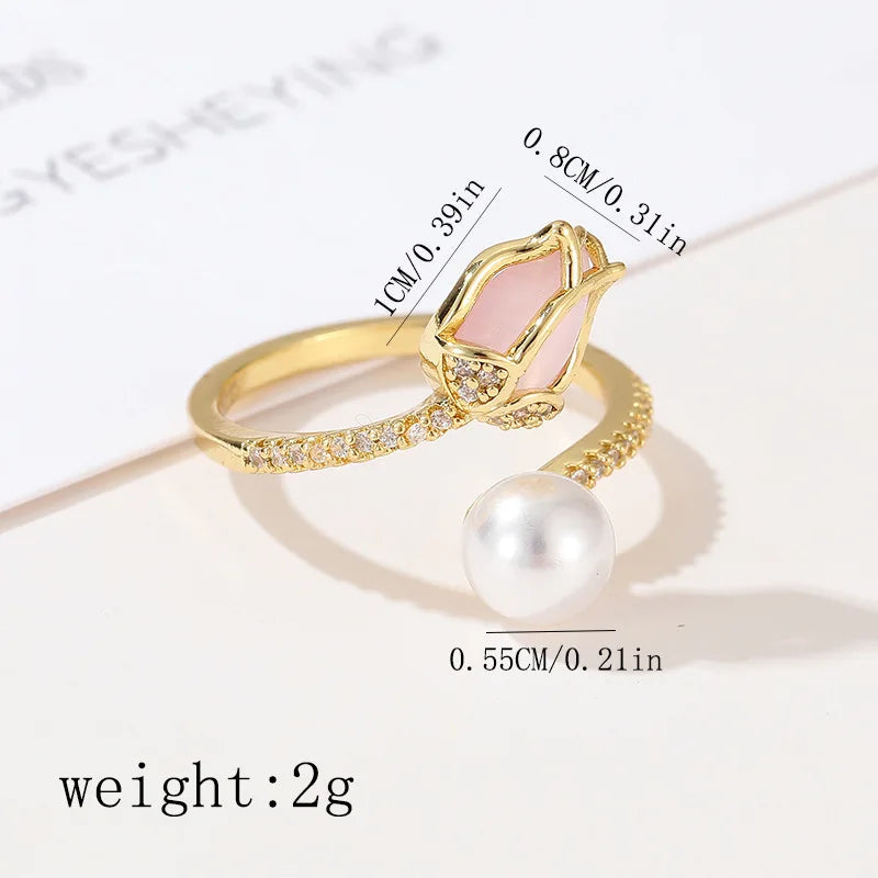Mode Tulpe Blume Imitation Perle Ringe für Frauen Elegante Licht Luxus Zirkon Verstellbare Öffnung Ring Hochzeit Schmuck