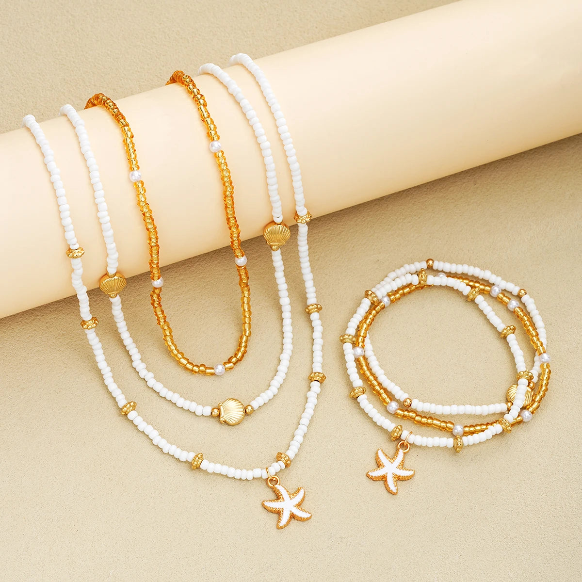6 Teile/satz Reis Perlen Shell Seestern Anhänger Halskette Armbänder Böhmischen Elegante Gold Weiß Farbe Schmuck Set Urlaub Zubehör