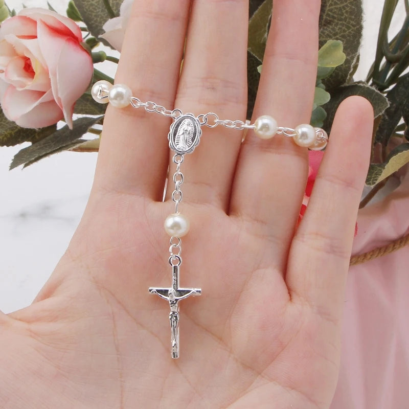 Tauf-Mini-Rosenkranz, elfenbeinfarbene Kunstperlen für Kreuz-Armband, für Taufe/Babyparty, Hochzeit/Urlaub