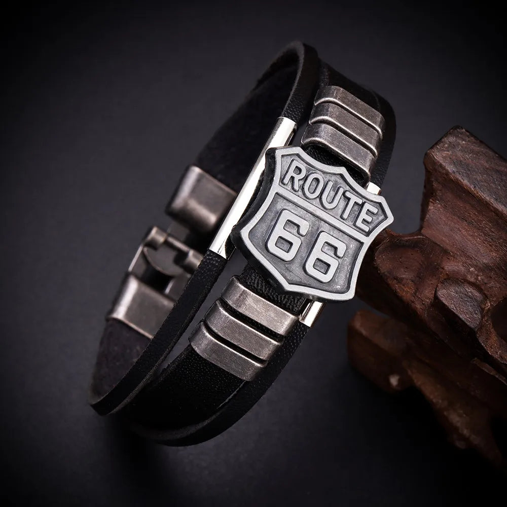 Neues trendiges amerikanisches Route 66-Armband mit bedrucktem Muster, Herrenarmband, Metall, mehrschichtiges Lederarmband, Zubehör, Party-Schmuck