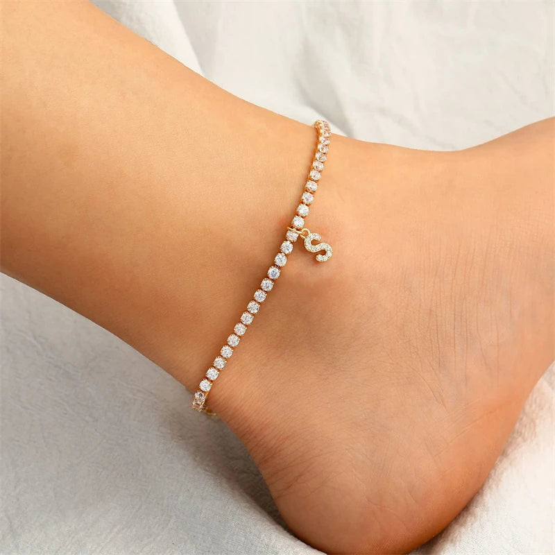 A-Z Fußkettchen mit 26 Anfangsbuchstaben für Frauen, Kristallzirkon, Alphabet, kubanische Gliederkette, Strandbein-Armbänder, böhmischer Schmuck, Geschenk