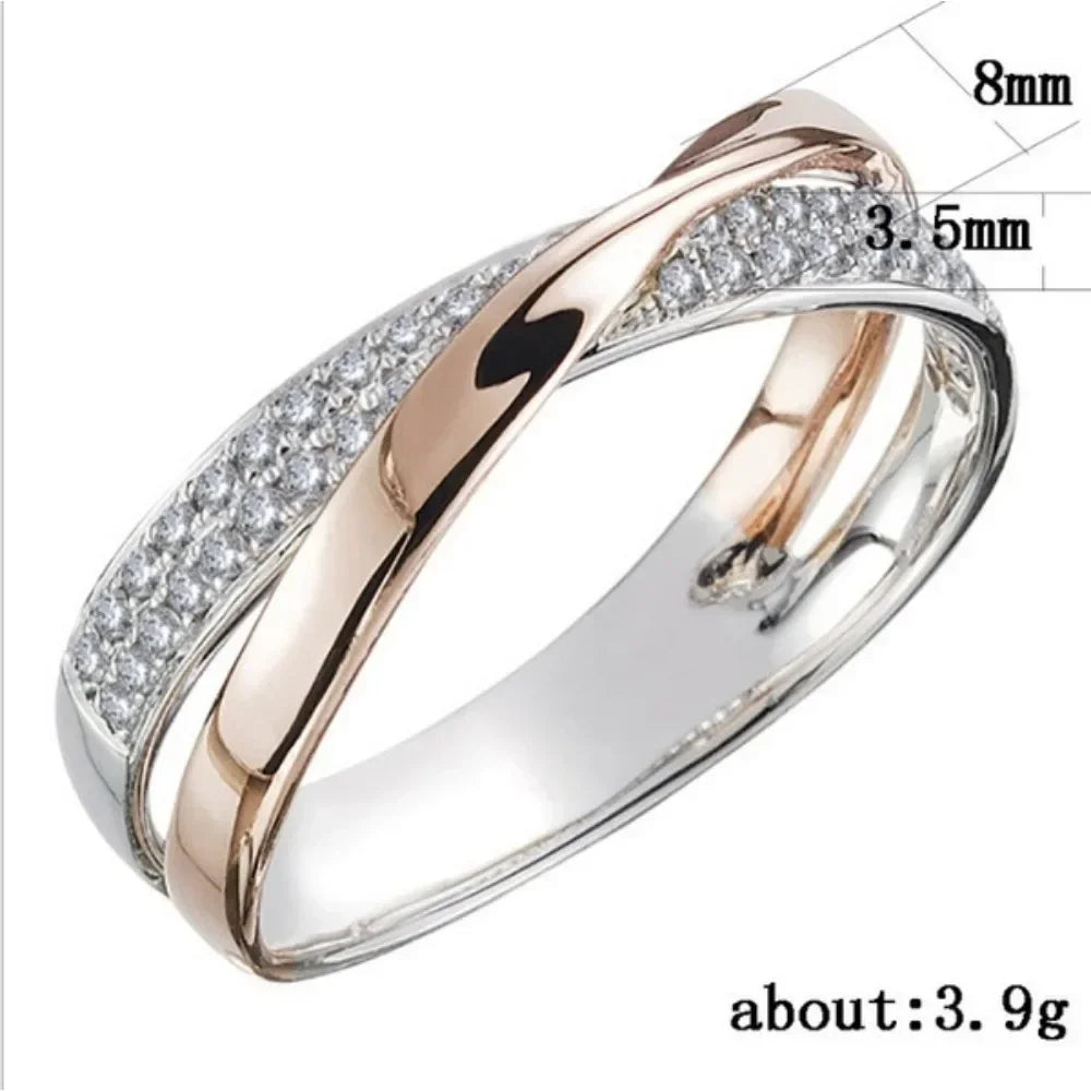 Klassischer zweifarbiger X-förmiger Kreuzring aus Edelstahl für Frauen, Hochzeit, trendiger Schmuck, schillernde Zirkon-Eheringe, moderne Ringe