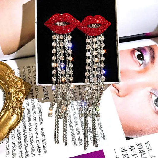 Trend ige glänzende Kristall Quaste rote Lippen baumeln Ohrring Strass rote Mund kette lange Quaste Ohrringe für Frauen