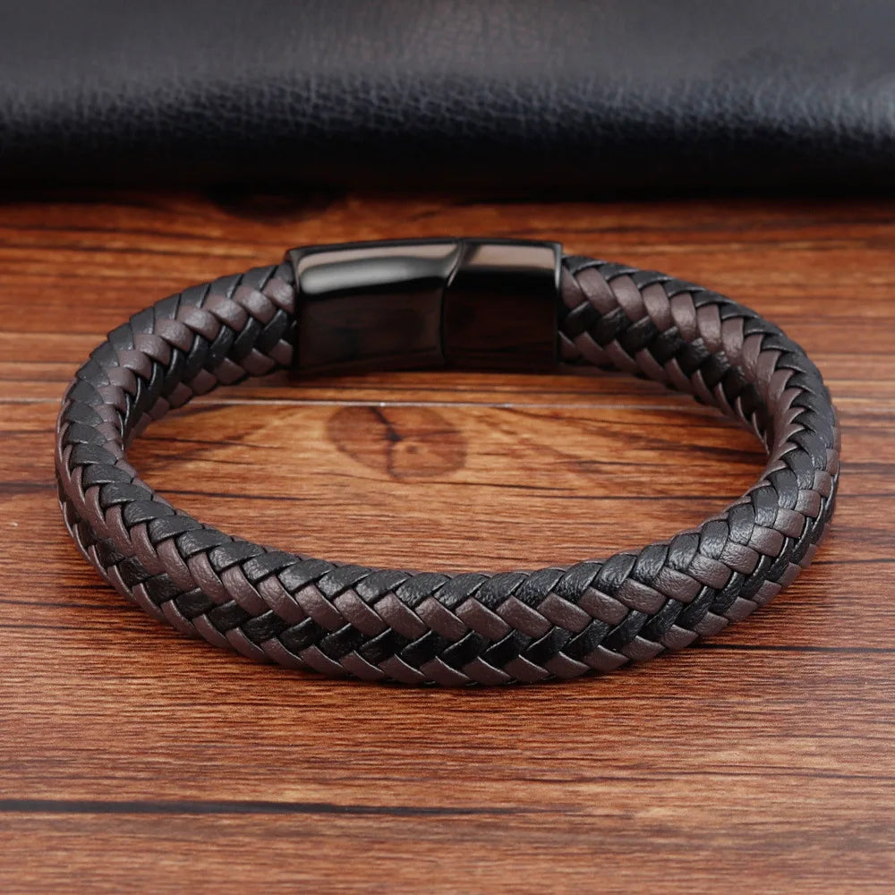 MKENDN Punk Männer Geflochtene Echte Schwarz Kaffee Leder Armband Schwarz Edelstahl Magnetische Schnalle Armband Geschenke Homme Pulsera