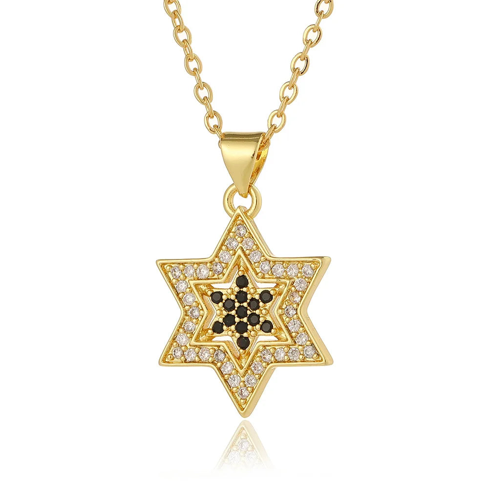 Kubischer Zirkonia-Kristall, jüdischer Davidstern, Anhänger, Kette, Halskette für Damen, vergoldetes Messing, CZ-Steine, Salomosiegel, Schmuck