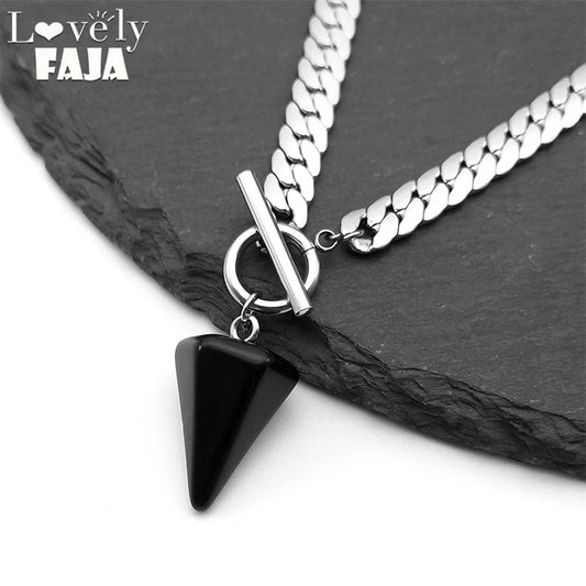 Goth Obsidian Reiki Heilung Pendel für Wahrsagerei Halskette Frauen Edelstahl Kette Kegel Anhänger Halsketten Schmuck NXS03