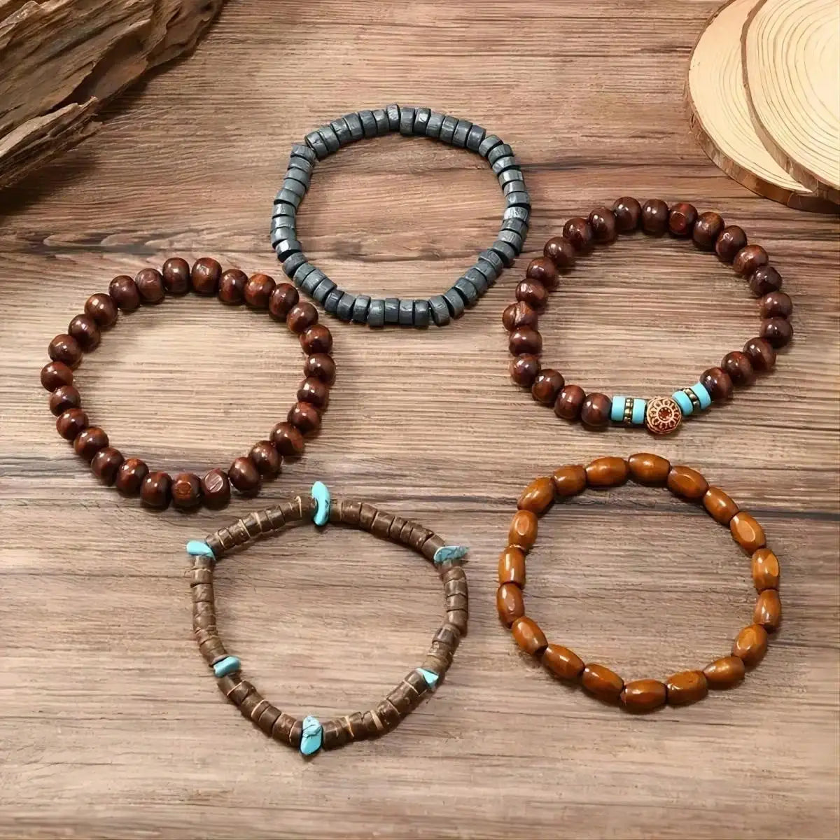 5-teiliges Set im Retro-Stil, einfach und modisch, cooles Armband, Kokosnussschalen-Armband mit Holzperlen. Geeignet für Männer/Damen/Paare Dail