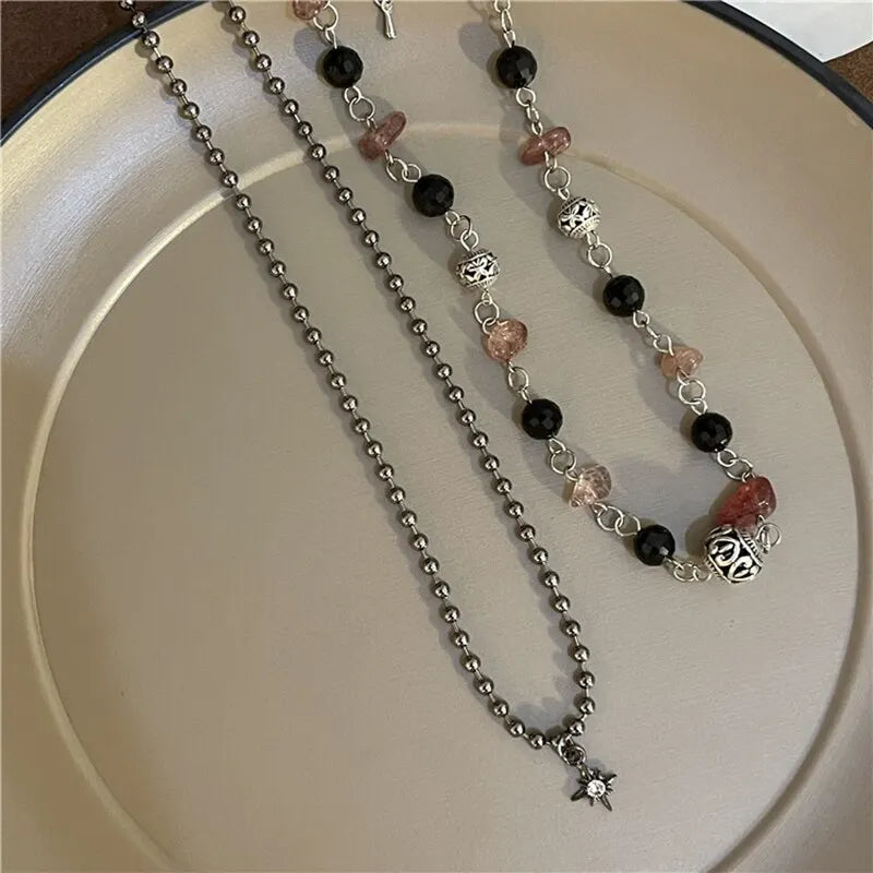 2-teiliges Halsketten-Set mit Vintage-Friedenschnalle-Anhänger, Naturstein-Perlen, Ketten, Halsband-Halsketten-Set für Damen und Herren, chinesischer Stil, Schmuck