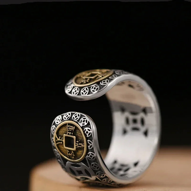 Chinesischer Feng Shui Pixiu Ring, versilbert, Kupfermünzen, verstellbare Ringe für Damen und Herren, Amulett, Reichtum, Glücksschmuck, Geburtstagsgeschenk