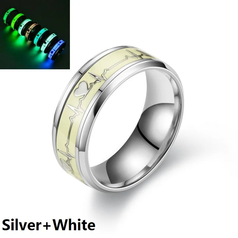Leuchtende Edelstahl-Liebesherz-Paarringe, die im Dunkeln leuchten, fluoreszierende Anillos, Ehering, Fingerringe, Zubehör