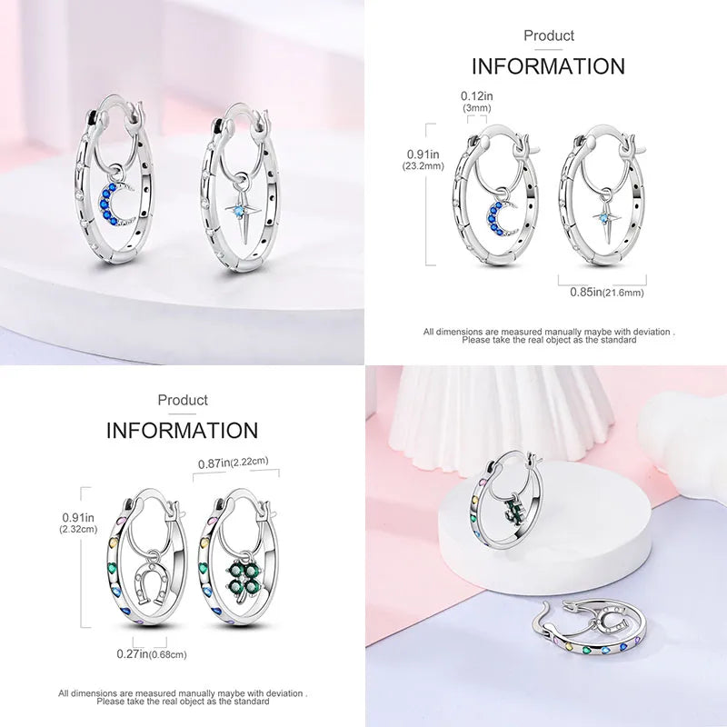 Heißer Verkauf 925 Sterling Silber Original Vielseitige Eardrop Ohrring Stern Mond Klee Creolen Für Frauen Hochzeit Verlobung Geschenk