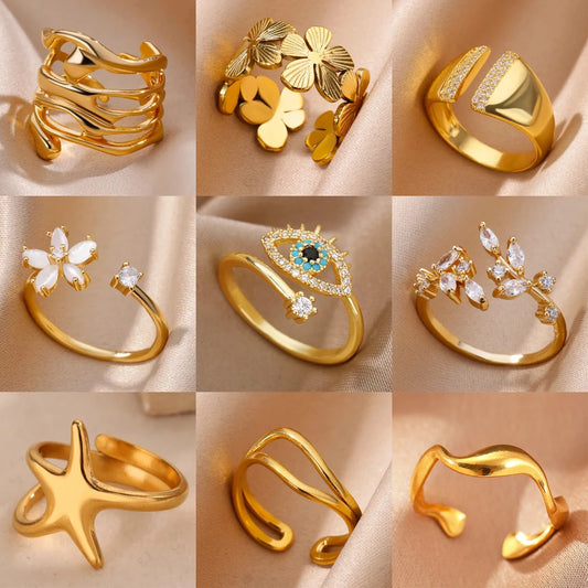 Edelstahl Zirkon Geometrische Ringe Für Frauen Luxus Bösen blick Gold Farbe Einstellbar Trendy Hochzeit Ästhetischen Jewerly Geschenk