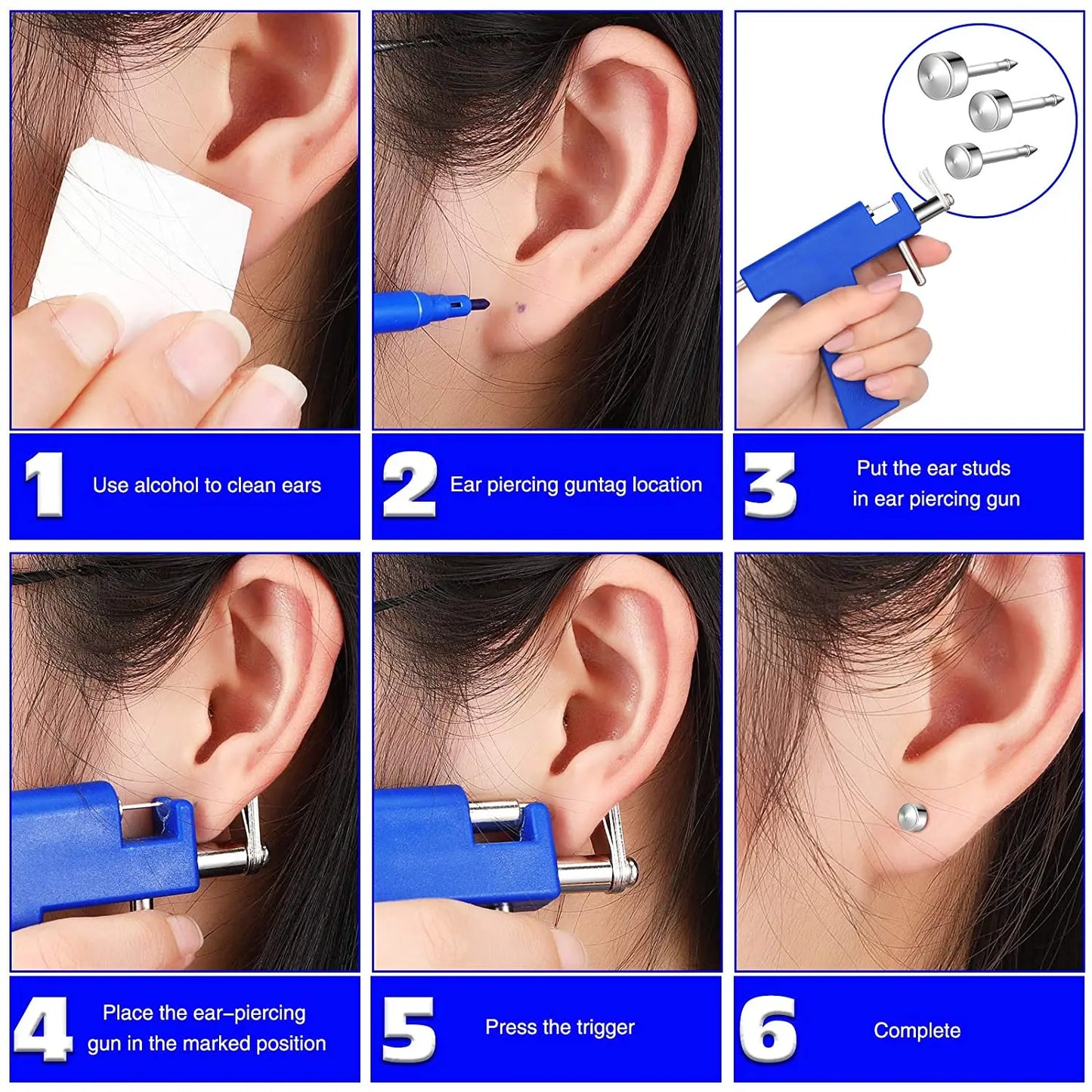 Professionelles Ohrpiercing-Pistolen-Werkzeugset, professionelles Ohrpiercing-Pistolen-Werkzeugset, 98-teilig, Ohrstecker, Stahl, Ohr, Nase, Nabel, Körperpiercing