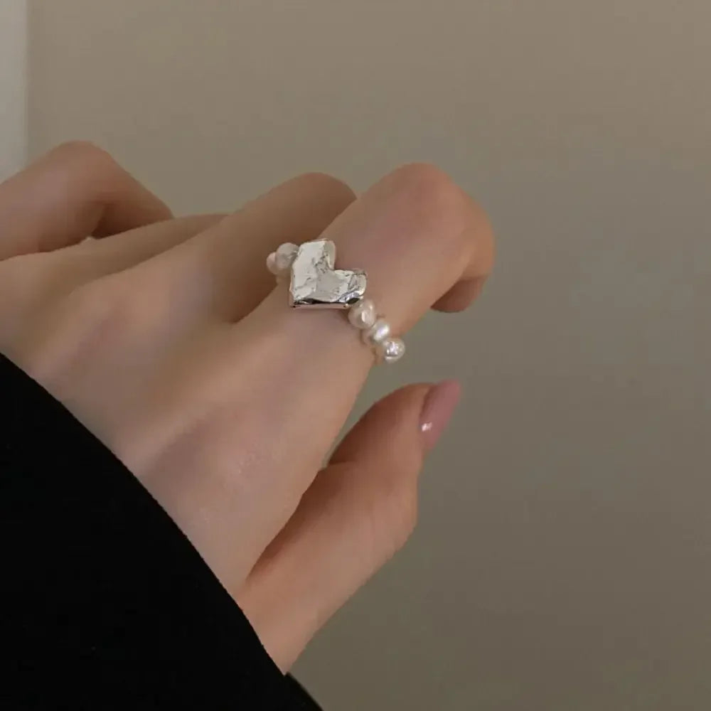 Elegante Herzring Nachahmung Perle Fee Ring Vintage elastische Ringe einfache Retro Zeigefinger Ring weiß süße Ring Schmuck Geschenk