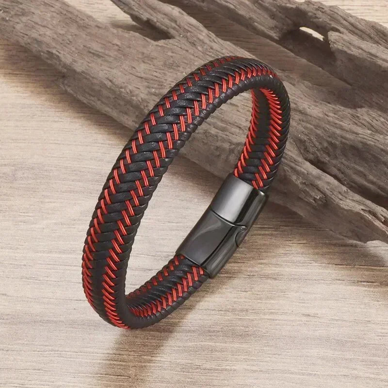 Klassisches einlagiges schwarzes handgewebtes Lederarmband mit Metall-Magnetverschluss, Herrenmode, Business-Schmuck, Geschenk