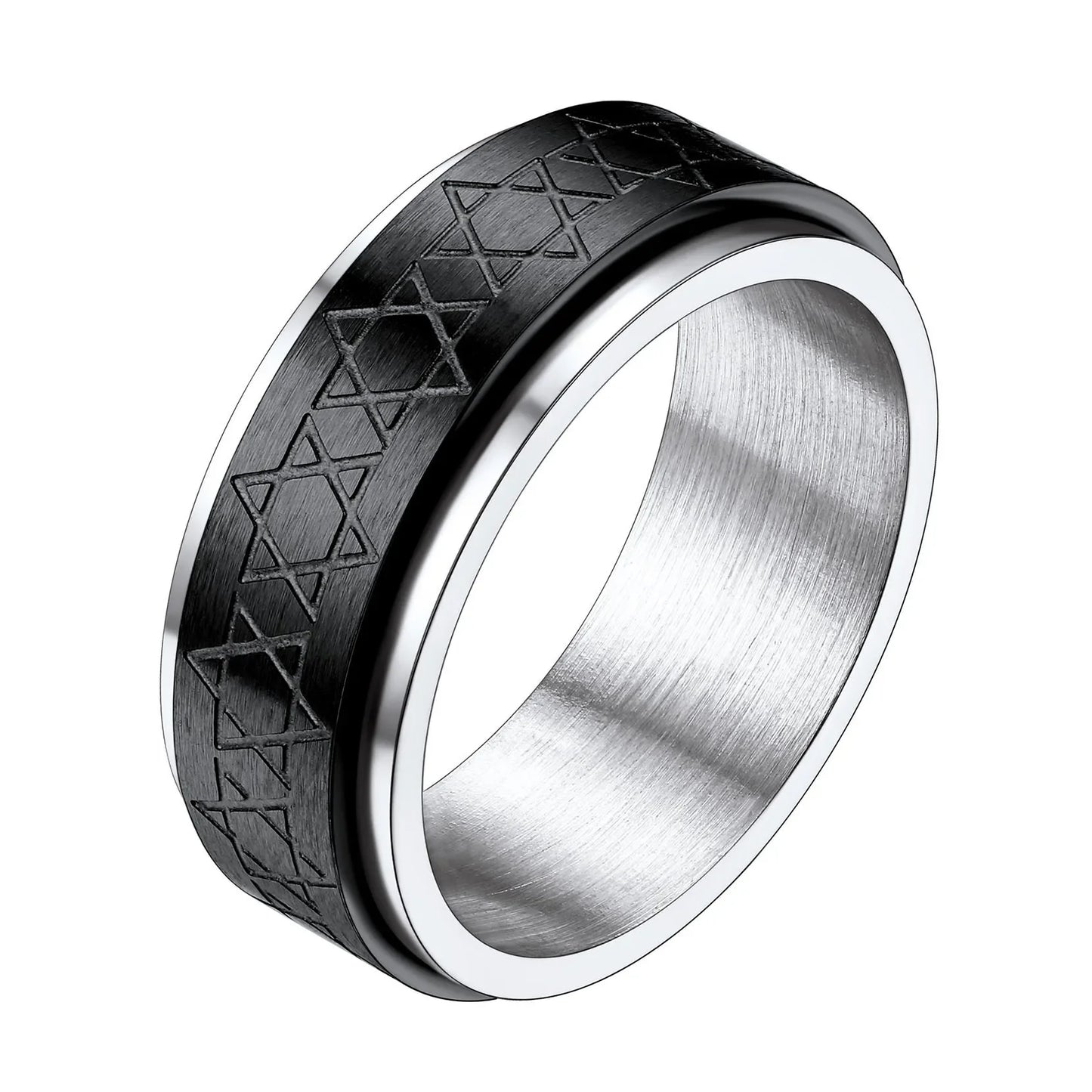 ChainsPro Edelstahl-Doppelschichten, 7,7 mm, flaches Band, Davidstern-Ringe für Herren, Größe 7–12, Angstfreigabungsspinner QC25