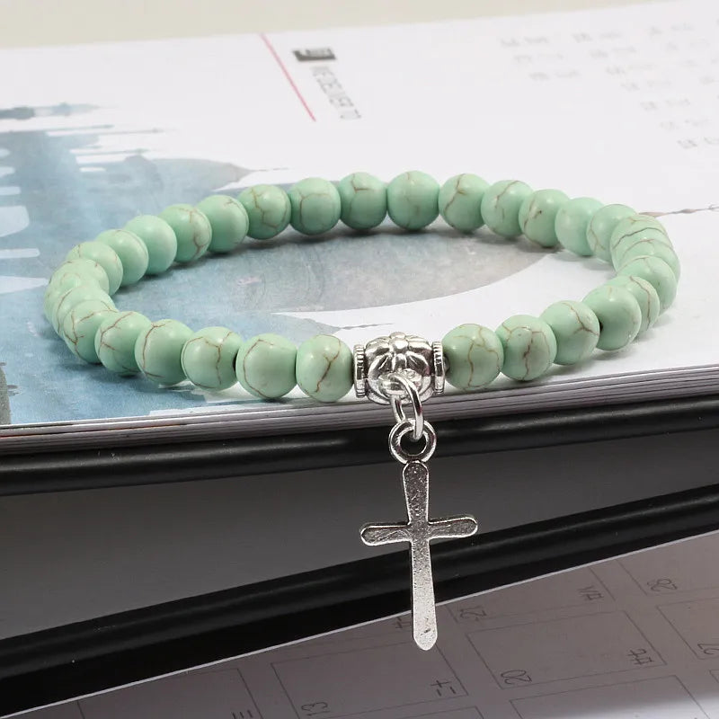 Neue Kreuz Anhänger Armbänder Männer Naturstein 6mm mattschwarz Yoga Strang Kette Vintage böhmischen Schmuck für Frauen Mode Geschenke