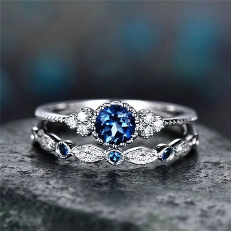 2 Teile/satz Luxus Grün Blau Stein Kristall Ringe Für Frauen Silber Farbe Hochzeit Verlobung Ringe Schmuck