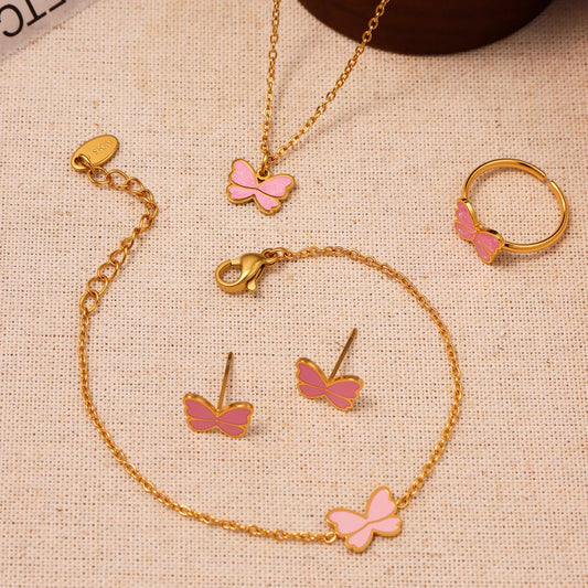 Kinderschmuck, rosa Schleife, Anhänger, gedrehte Kette, Halskette, Ohrringe, Armband, Ring, 5-teilig, Edelstahl, wasserdicht, Geschenk