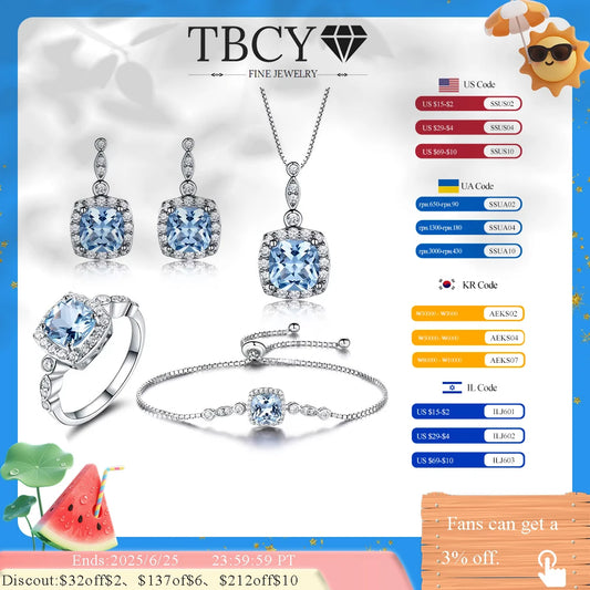 TBCYD Blau Topas Mode Schmuck Set Für Frauen S925 Sterling Silber Diamant Ring Ohrring Armband Halskette Partei Edlen Schmuck