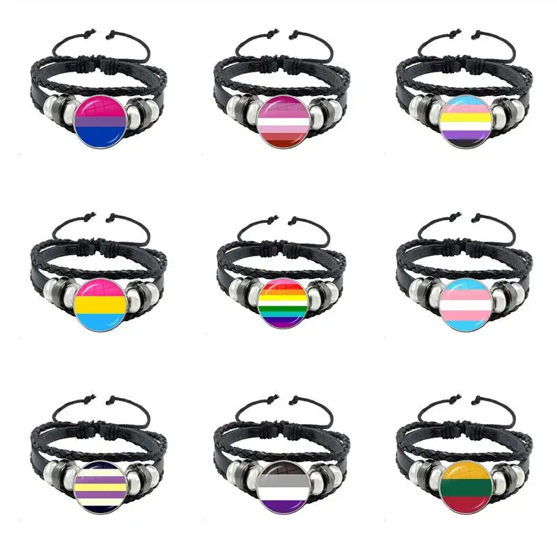 LGBT Schwarz Weave Leder Armband Bi Stolz Glas Cabochon Homosexuell Stolz Regenbogen Flagge Foto Armreif Schmuck Für Frauen Männer Liebhaber geschenk