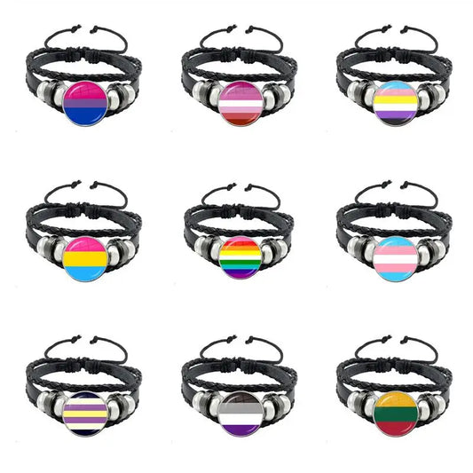 LGBT Schwarz Weave Leder Armband Bi Stolz Glas Cabochon Homosexuell Stolz Regenbogen Flagge Foto Armreif Schmuck Für Frauen Männer Liebhaber geschenk